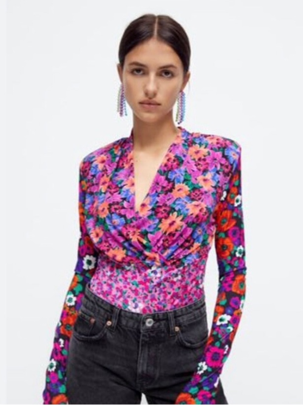 Zara Multicolor Floral Draped V-Neck Long Sleeves Top size L
